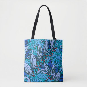 Bolsa Tote Azul Floral Antiquado Boho Moderno
