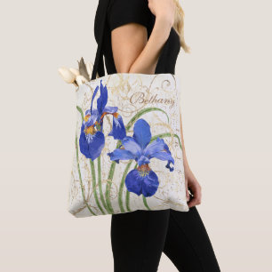 Bolsa Tote Azul Floral Iris Dourado Damask Monograma Nome