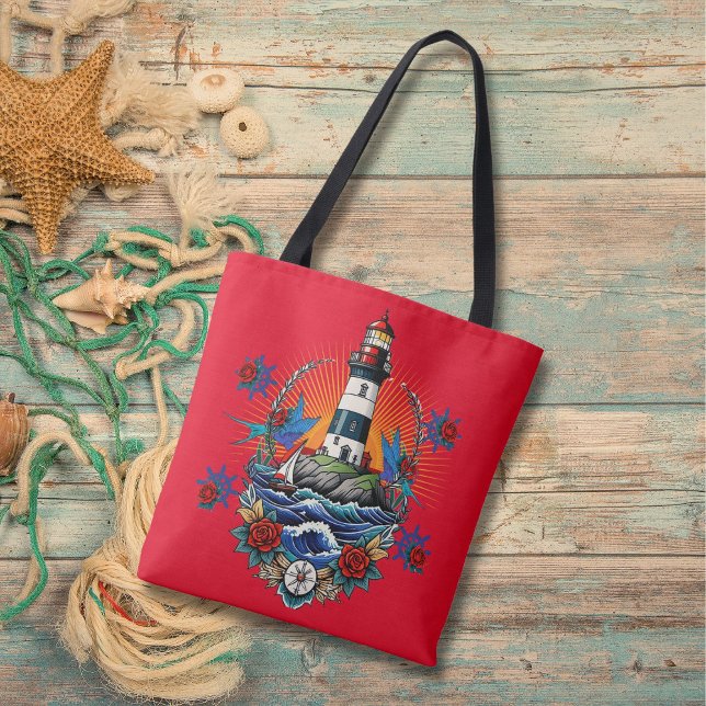 Bolsa Tote Azul Floral Vermelho do Farol Náutico (Criador carregado)
