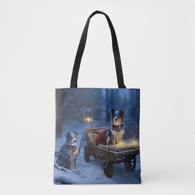 Bolsa Tote Azul Heeler Snowy Sleigh Decência de Natal (Frente)
