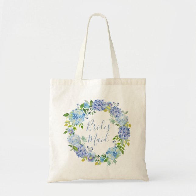 Bolsa Tote Azul Hydrangea Floral | Saco de Tote de Bridesmaid (Frente)