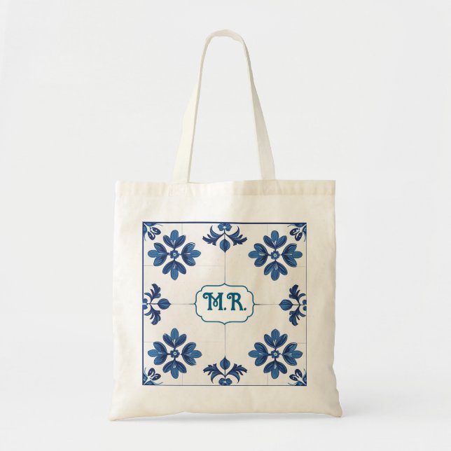 Bolsa Tote Azul Indigo Azulejo Lisboa Monograma Português (Frente)