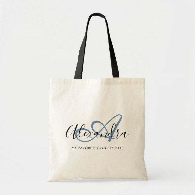 Bolsa Tote Azul Jeans Feminino Monograma de Nome em Script El (Frente)