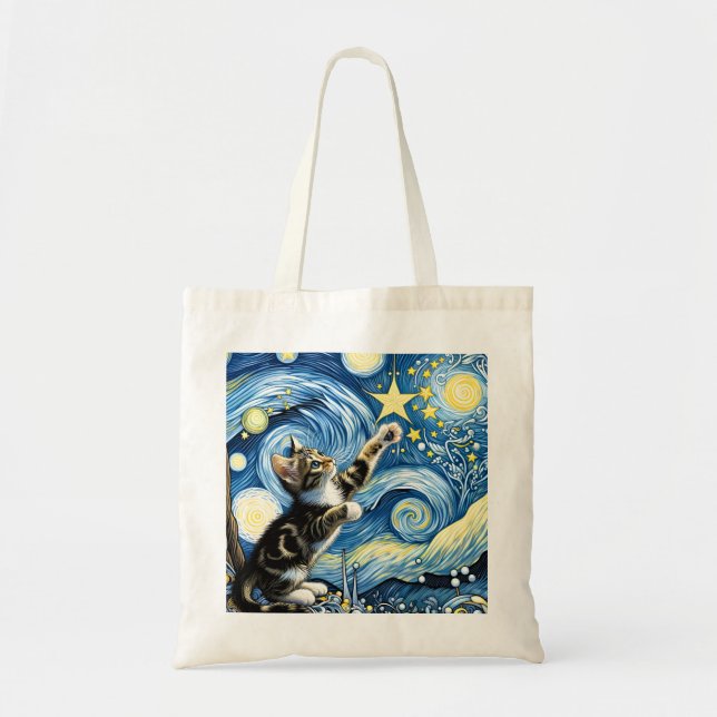 Bolsa Tote Azul-Kitten Noite Estrelado (Frente)