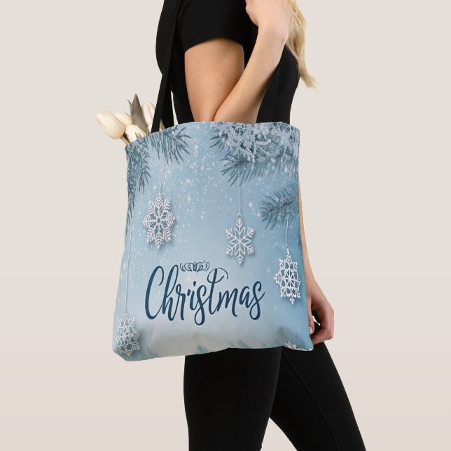 Bolsa Tote Azul Macio & Calmo Design de Neve de Natal Cristal (Close Up)
