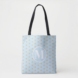 Bolsa Tote Azul Macio Dourado Pontos de Bolha Monograma Branc