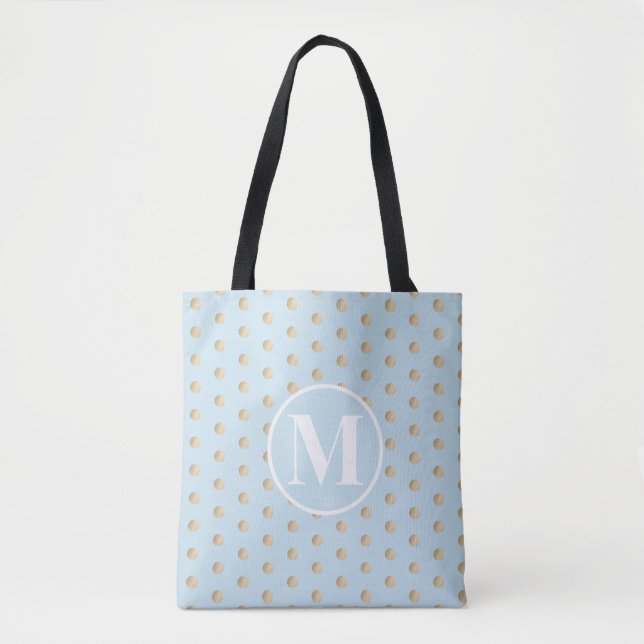 Bolsa Tote Azul Macio Dourado Pontos de Bolha Monograma Branc (Frente)