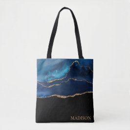 Bolsa Tote Azul Marinho Clássico com Brilho Dourado e Nome