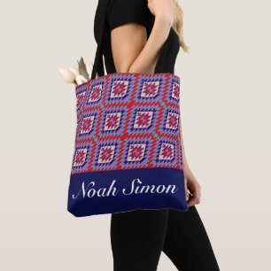 Bolsa Tote Azul Marinho & Coral Geométrico Sudoeste Nome Pers