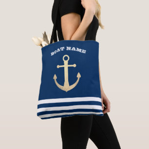 Bolsa Tote Azul Marinho de Âncora, Dourado, náutico, com risc