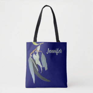 Bolsa Tote Azul Marinho Escuro com Folhas de Aquarela Nomeada
