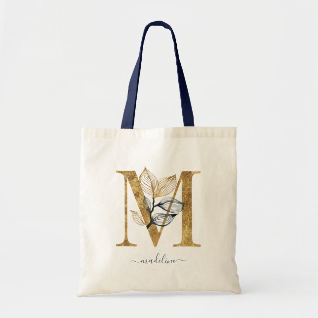 Bolsa Tote Azul Marinho Folha de Ouro Monograma Moderno Letra (Frente)