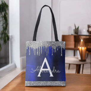 Bolsa Tote Azul Marinho Lantejoulas Prateadas Brilho Monogram