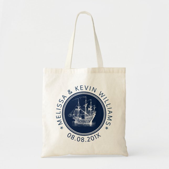 Bolsa Tote Azul Marinho Náutico Vento Vela Barco (Frente)