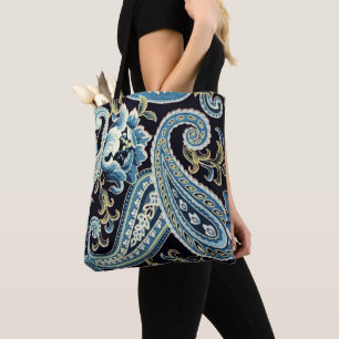 Bolsa Tote Azul Marrom Vintage Paisley