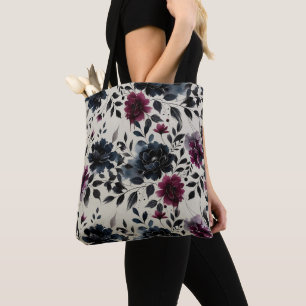 Bolsa Tote Azul Meia-Noite Borgonha Floral Tinta Bege Amêndoa