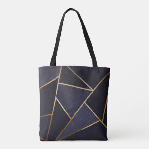 Bolsa Tote Azul Naval Triângulos Dourados Geométrico Elegante
