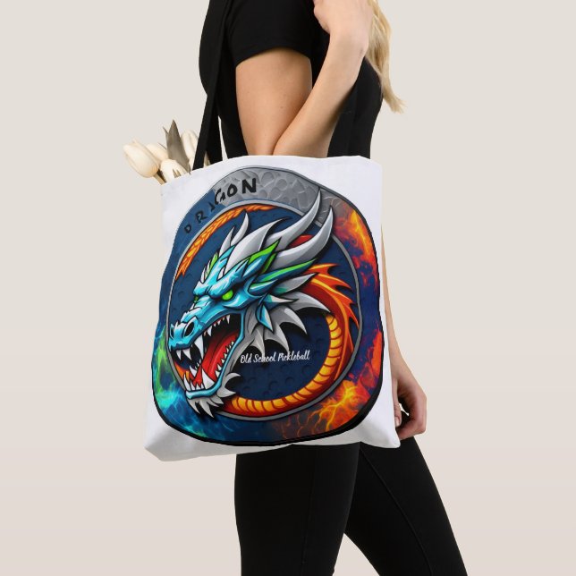 Bolsa tote azul Old School Pickleball Dragon  (Close Up)