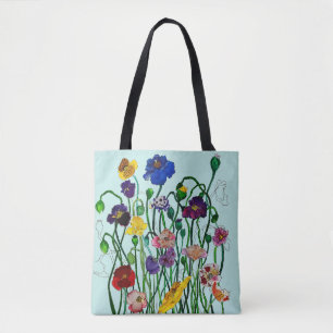 Bolsa Tote Azul Ovo de Pato Fantasioso Papoula Selvagem Aquar