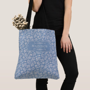 Bolsa Tote Azul Pastel Macio & Cinza Floral Branco Padrão Boh