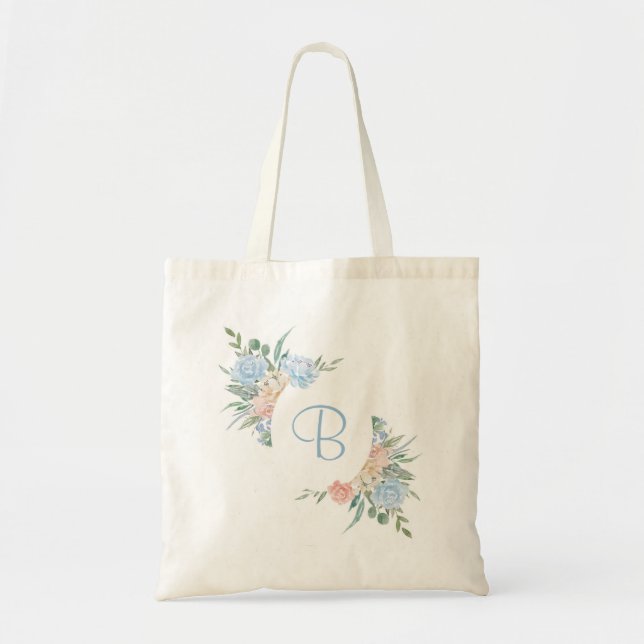 Bolsa Tote Azul poeirento e floral rosa personalizado (Frente)