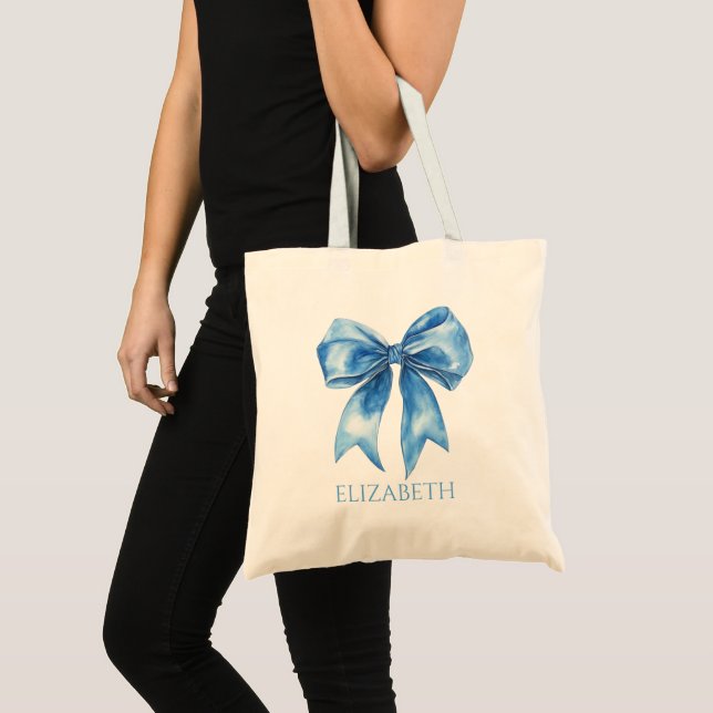 Bolsa Tote Azul Préppy e Laço Branco Personalizado (Frente (produto))