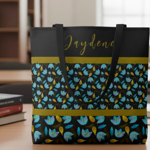 Bolsa Tote Azul Preto Dourado Moderno Floral