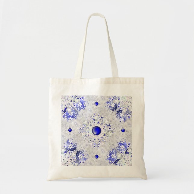 Bolsa Tote Azul-renda cerâmico de Grécia e floco de neve (Frente)