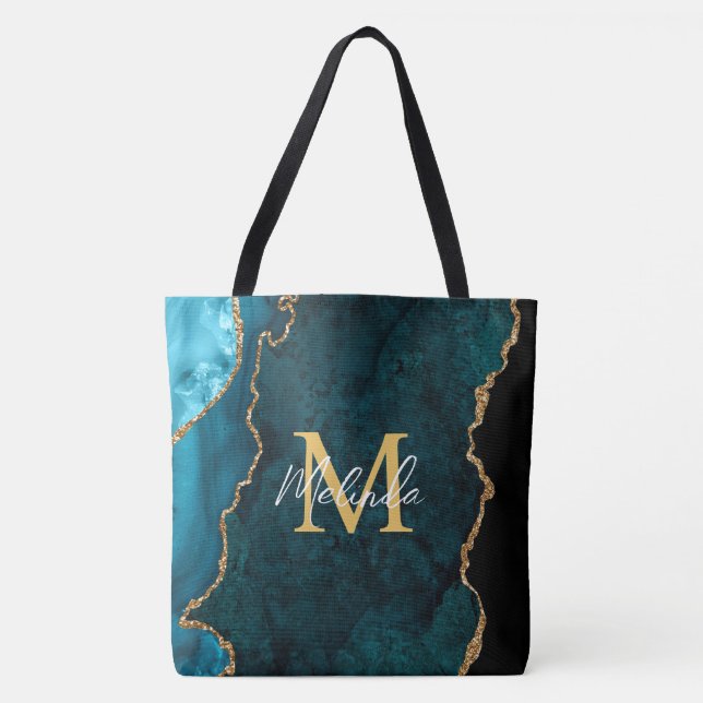 Bolsa Tote Azul Teal e Agato Marble Dourado (Frente)