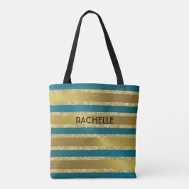 Bolsa Tote Azul Teal e Douradas Glitter Striters com Nome