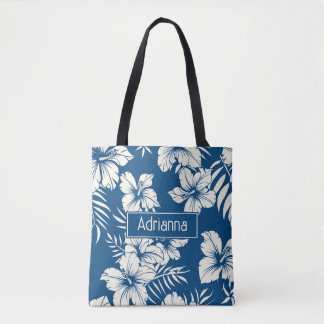 Bolsa Tote Azul tropical e Floral branco