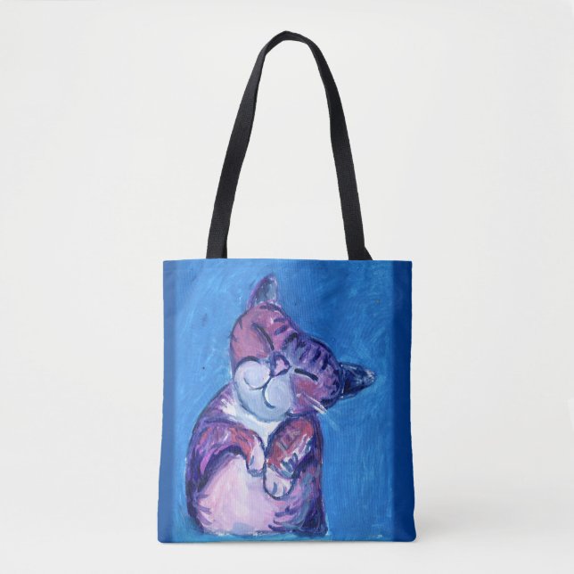 Bolsa Tote Azul-Vermelho-Felino-Felino, Gatinho Pintado (Frente)