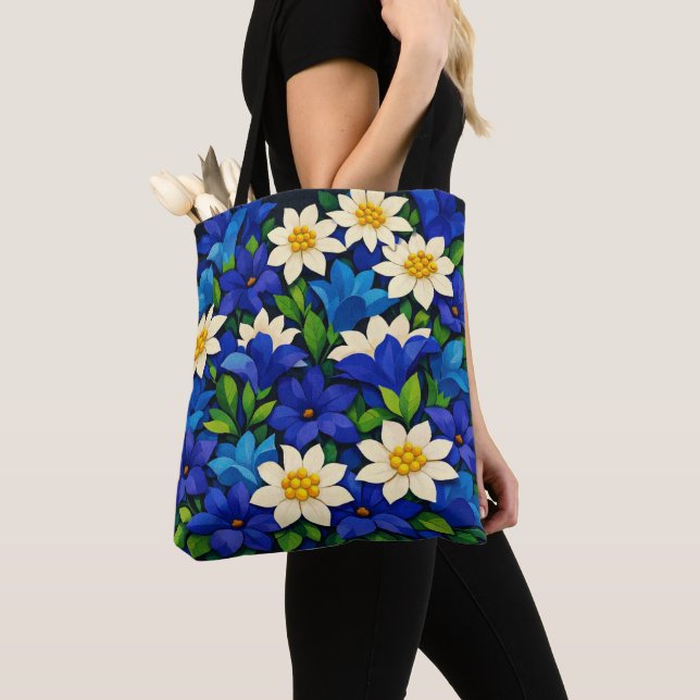 Bolsa Tote Azul Vibrante & Floral Branco  (Close Up)