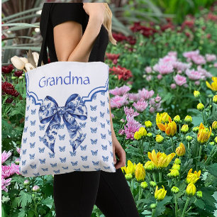 Bolsa Tote Azul Vintage Borboleta Arco Personalizado Branco
