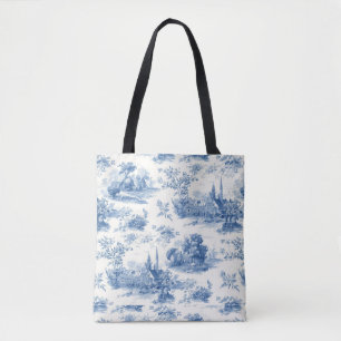 Bolsa Tote Azul vintage padrão floral francês toile de Jouy