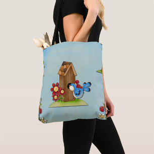 Bolsa Tote Azulão Caprichoso e Casa de Pássaros Cute Primaver