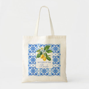 Bolsa Tote Azulejo azul mediterrânico limões noiva
