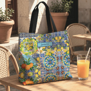 Bolsa Tote Azulejo Azul Turquesa Padrão de Azulejo Citrino Si