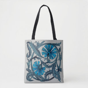 Bolsa Tote Azulejo decorativo rústico de arte floral azul vin