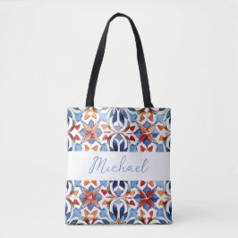 Bolsa Tote Azulejo Floral Espanhol Azul E Vermelho