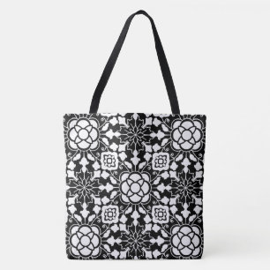 Bolsa Tote Azulejo floral marroquino, preto e branco