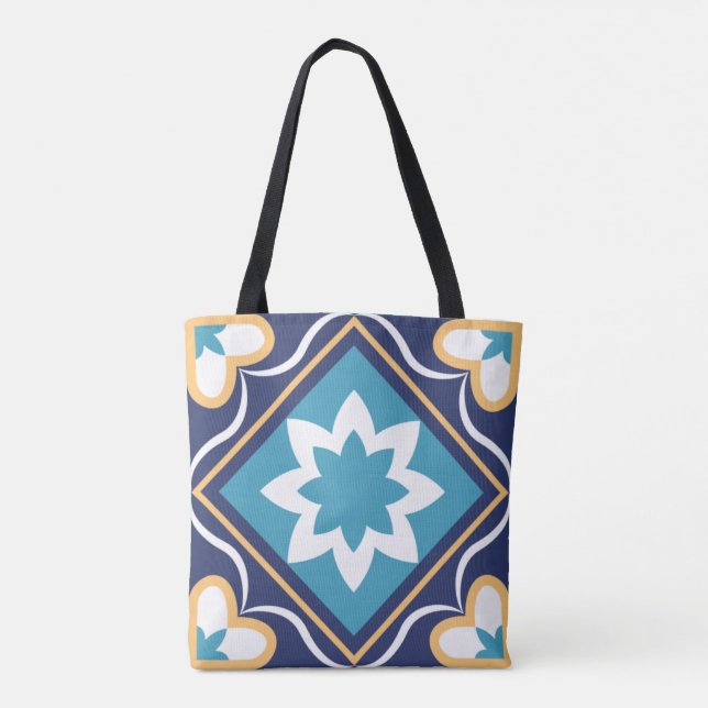 Bolsa Tote Azulejo Mosaico Floral marroquino Elegante e Azul  (Verso)