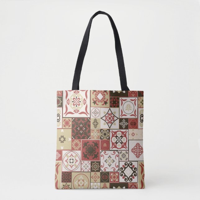 Bolsa Tote Azulejo PATTERN de marsala-castanho-bege estilo Ma (Frente)