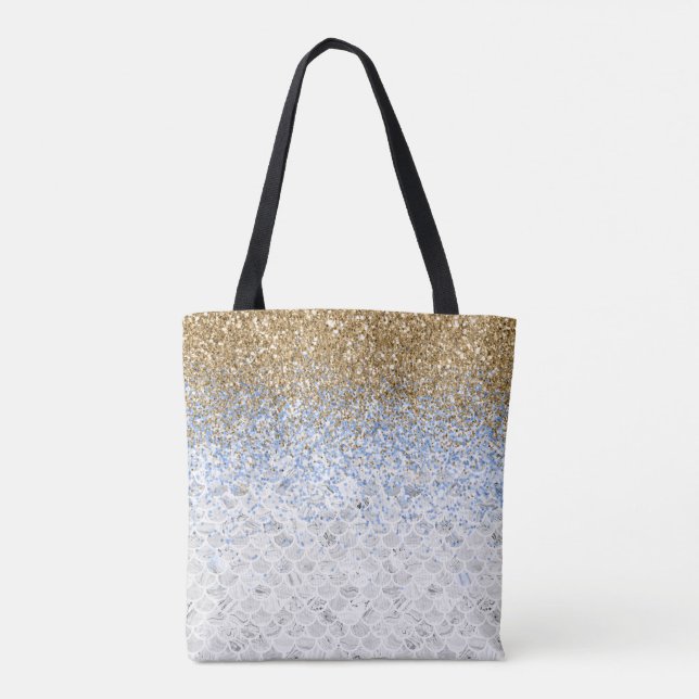 Bolsa Tote *~* Azulejos de mármore de Cinza Dourado brilhante (Verso)