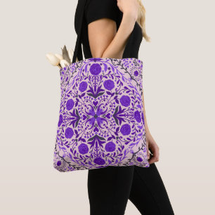 Bolsa Tote Azulejos florais, cor-de-rosa violeta e algodão do