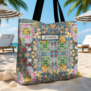 Bolsa Tote Azulejos Florais de Citrino Siciliano Azul Chic Ro