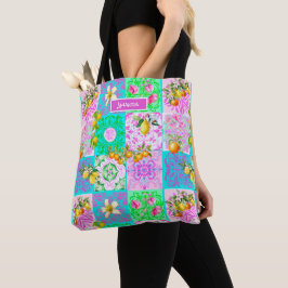 Bolsa Tote Azulejos florais de colagem de citrinos de cor ros