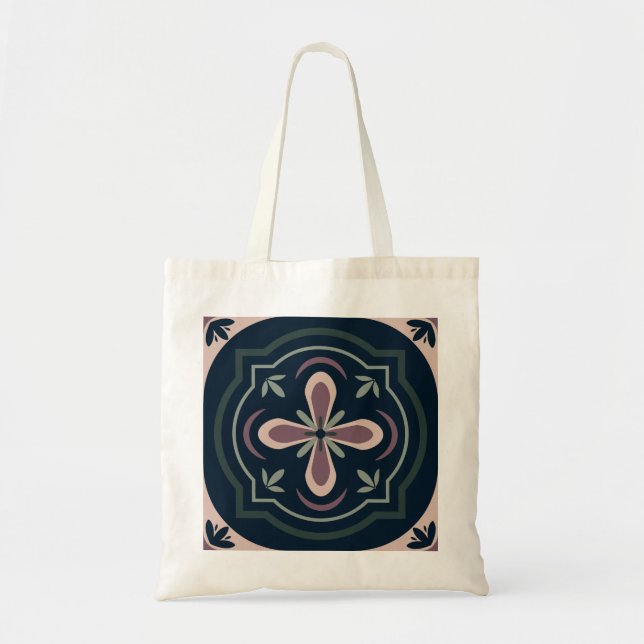 Bolsa Tote azulejos geométricos florais de cores terrosas (Frente)