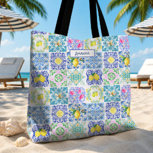 Bolsa Tote Azulejos Sicilianos Azuis e Amarelos de Amalfi Chi