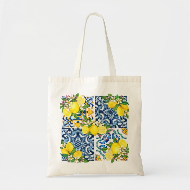 Bolsa Tote Azulejos Sicilianos do Mediterrâneo, limões de cit (Frente)